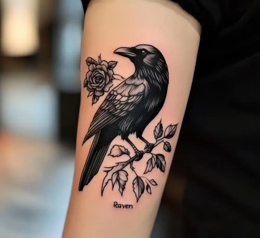 forearm tattoo of a crow