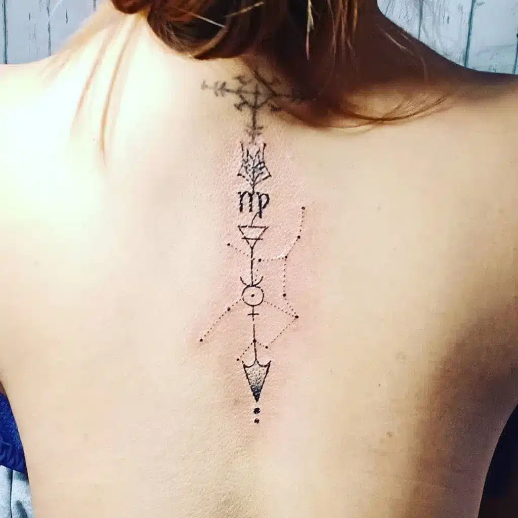 Virgo tattoo at the nape of the neck