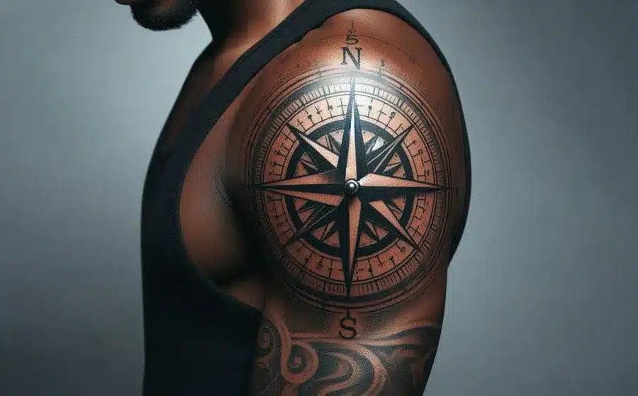 Fine-line compass with North bicep tattoo